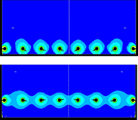並列薬孔のブロック端から近い（上）遠い（下）による亀裂進展可能方向の違いの状況図